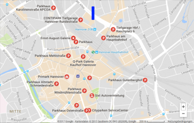 Smart Parking – Parking garages in Hanover. The blue line is showing the place of the old TV tower called Telemoritz. 