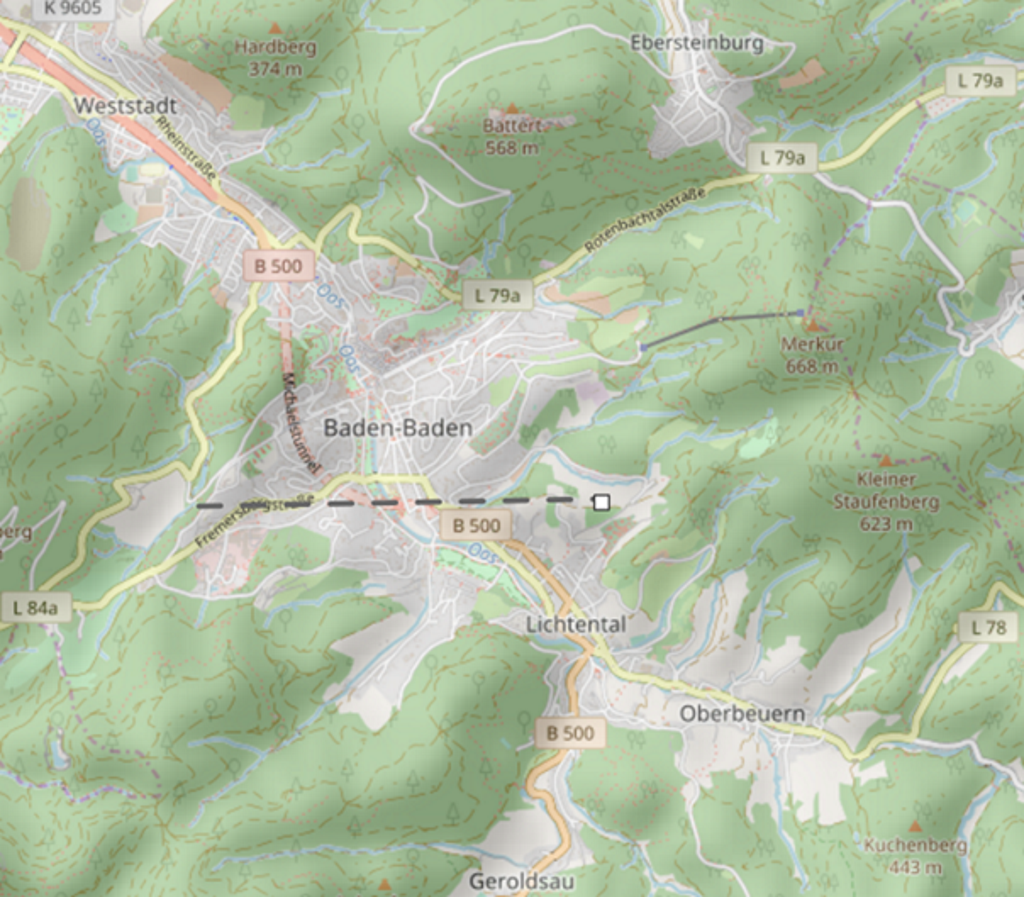 3D terrain of Baden-Baden, Germany on Openstreetmaps