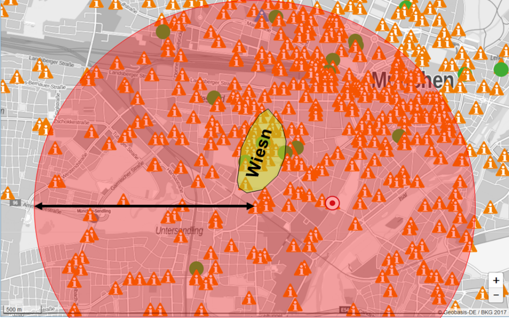 Estimated LoRaWAN cell size versus cellular BTS in Munich