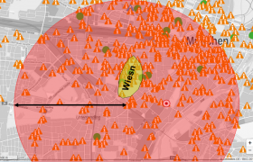 Estimated LoRaWAN cell size versus cellular BTS in Munich